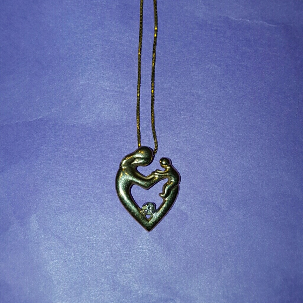 Mother child charm with diamond,  20" necklace